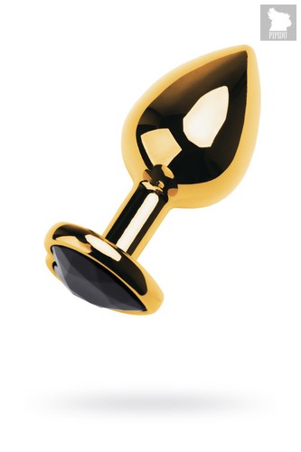 Золотистый анальный плаг с чёрным кристаллом-сердцем - 8,5 см, цвет черный - Toyfa