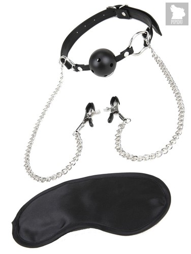 Чёрный кляп-шар с зажимами для сосков, цвет черный - Lux Fetish
