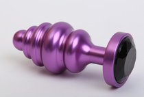 Фиолетовая ребристая анальная пробка с чёрным кристаллом - 7,3 см