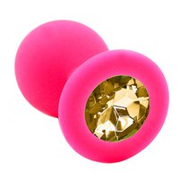 Розовая силиконовая анальная пробка с жёлтым кристаллом - 7 см, цвет розовый/светло-желтый - Kanikule