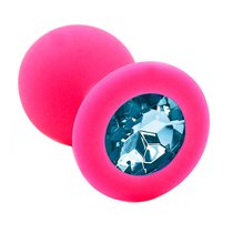 Розовая силиконовая анальная пробка с голубым кристаллом - 7 см, цвет голубой/розовый - Kanikule