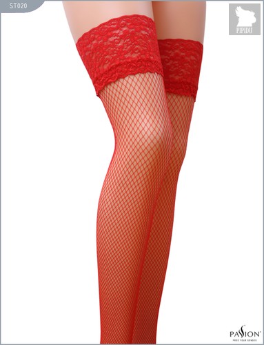 Чулки из мелкой сетки с кружевной резинкой, цвет красный, размер L-XL - Passion