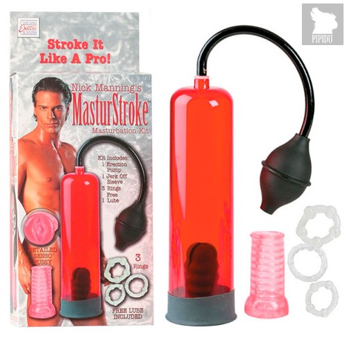 Вакуумная помпа Nicks Masturstroke Kit с аксессуарами, цвет красный - California Exotic Novelties