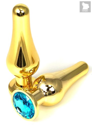 Золотистая удлиненная анальная пробка с голубым кристаллом - 8 см., цвет голубой - Vandersex