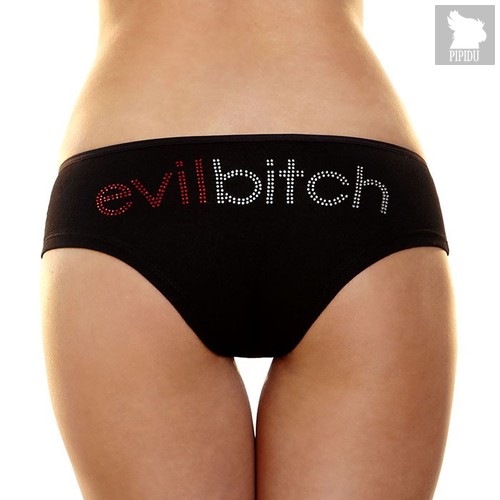 Трусики-слип с надписью стразами Evil bitch, цвет черный, размер M-L - Hustler Lingerie