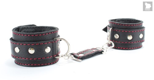 Черные наручники из натуральной кожи с красной строчкой, цвет черный - БДСМ арсенал