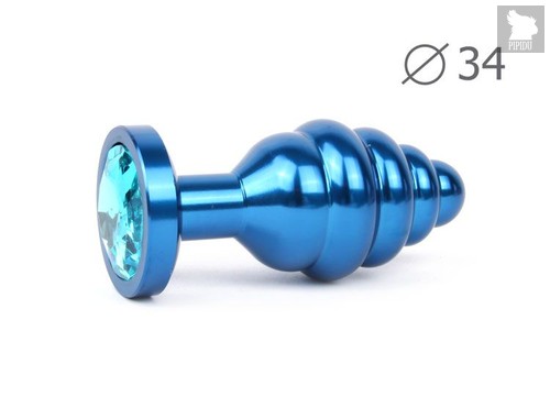 Коническая ребристая синяя анальная втулка с голубым кристаллом - 8 см., цвет голубой - anal jewelry plug