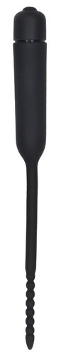 Черный стимулятор уретры с вибрацией Silicone Vibrating Bullet Plug With Beaded Tip, цвет черный - Shots Media