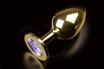 Большая золотая анальная пробка с закругленным кончиком и сиреневым кристаллом - 9 см, цвет сиреневый - Пикантные штучки