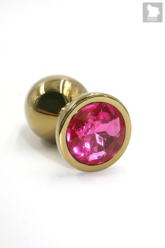 Золотистая алюминиевая анальная пробка с ярко-розовым кристаллом - 6 см, цвет золотой/темно-розовый - Kanikule