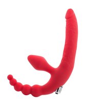 Красный безремневой страпон с вибрацией и анальным отростком, цвет красный - Toyfa