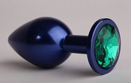 Синяя анальная пробка с зелёным стразом - 7,6 см
