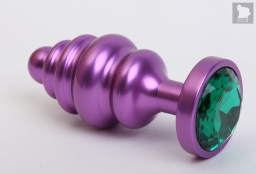 Фиолетовая ребристая анальная пробка с зеленым кристаллом - 7,3 см, цвет фиолетовый - 4sexdreaM