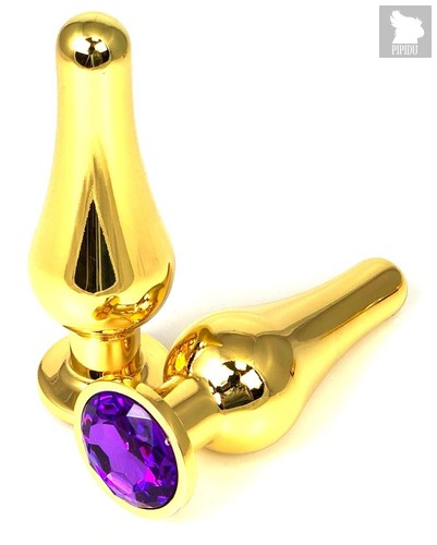 Золотистая удлиненная анальная пробка с фиолетовым кристаллом - 9 см., цвет фиолетовый - Vandersex