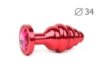 Коническая ребристая красная анальная втулка с малиновым кристаллом - 8 см., цвет малиновый - anal jewelry plug