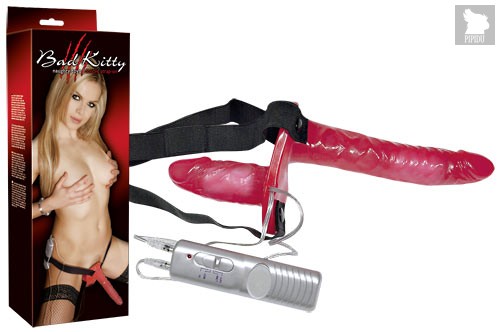 Красный женский страпон с вагинальной пробкой Bad Kitty - 18 см - ORION