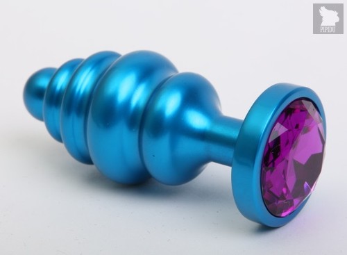 Синяя ребристая анальная пробка с фиолетовым кристаллом - 7,3 см, цвет синий - 4sexdreaM