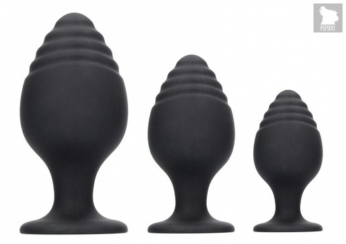 Набор из 3 черных анальных пробок Rippled Butt Plug Set, цвет черный - Shots Media