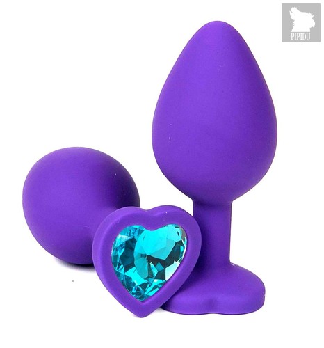 Фиолетовая силиконовая анальная пробка с голубым стразом-сердцем - 8,5 см., цвет голубой - Vandersex