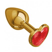 Золотистая анальная пробка с красным кристаллом-сердцем - 7 см, цвет золотой/красный - МиФ