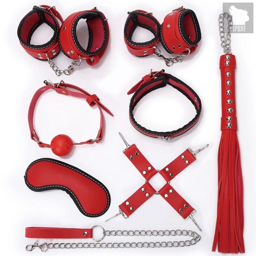 Пикантный красно-черный набор БДСМ: маска, ошейник, кляп, фиксатор, наручники, оковы, плеть, цвет красный - Bioritm