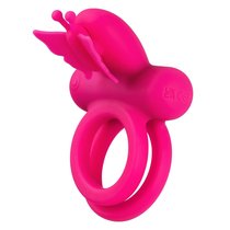 Розовое эрекционное виброкольцо Silicone Rechargeable Dual Butterfly Ring, цвет розовый - California Exotic Novelties