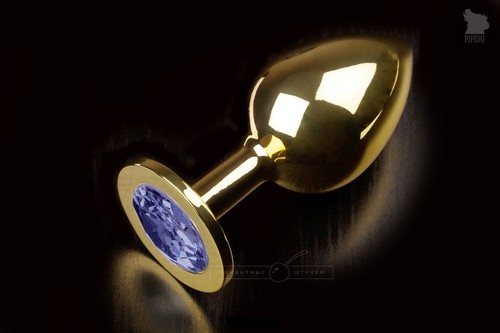 Большая золотая анальная пробка с закругленным кончиком и синим кристаллом - 9 см, цвет синий - Пикантные штучки