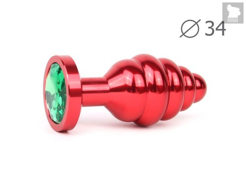 Коническая ребристая красная анальная втулка с зеленым кристаллом - 8 см., цвет зеленый - anal jewelry plug