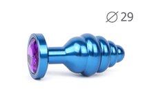 Коническая ребристая синяя анальная втулка с кристаллом фиолетового цвета - 7,1 см., цвет фиолетовый - anal jewelry plug