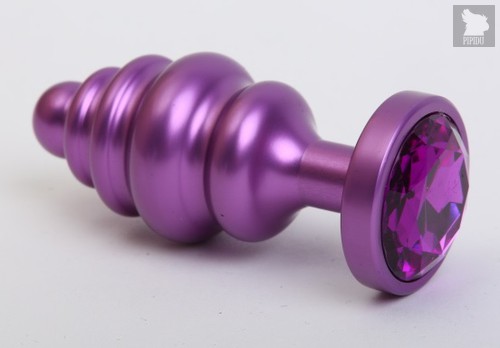 Фиолетовая ребристая анальная пробка с фиолетовым кристаллом - 7,3 см, цвет фиолетовый - 4sexdreaM