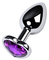 Серебристая коническая анальная пробка с фиолетовым кристаллом-сердечком - 7 см., цвет фиолетовый - Toyfa