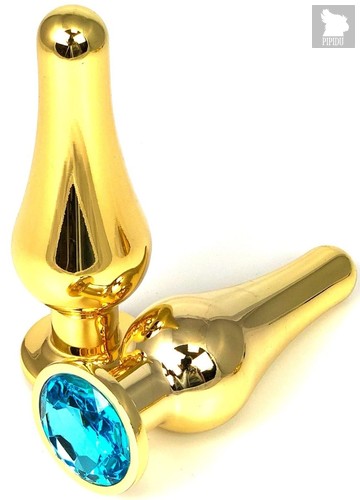 Золотистая удлиненная анальная пробка с голубым кристаллом - 11,5 см., цвет голубой - Vandersex