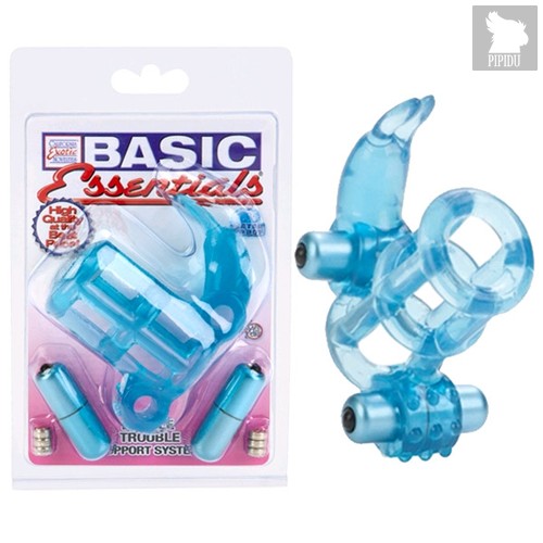 Кольцо эрекционное Basic Essentials - Double Trouble Vibrating Support System, с 2мя вибраторами, цвет голубой - California Exotic Novelties