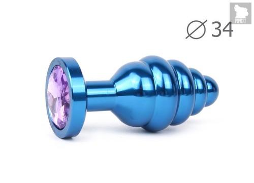 Коническая ребристая синяя анальная втулка с сиреневым кристаллом - 8 см., цвет сиреневый - anal jewelry plug