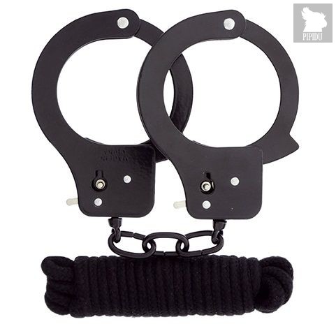 Чёрные наручники из листового металла в комплекте с веревкой BONDX METAL CUFFS&LOVE ROPE SET, цвет черный - Dream toys