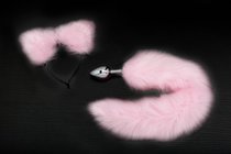 Серебристая анальная пробка с розовым хвостиком и ободком-ушками, цвет розовый - Пикантные штучки