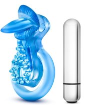 Голубое эрекционное виброкольцо 10 Function Vibrating Tongue Ring, цвет голубой - Blush Novelties