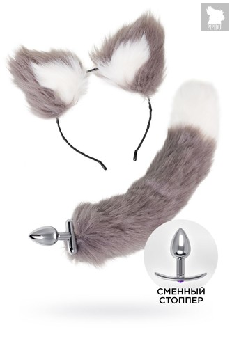 Оригинальный комплект: анальная пробка с 2 сменными ограничителями и ободок с ушками, цвет серебряный - Toyfa