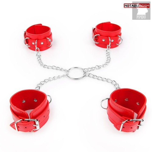 Комплект красных наручников и оков на металлических креплениях с кольцом, цвет красный - Bioritm
