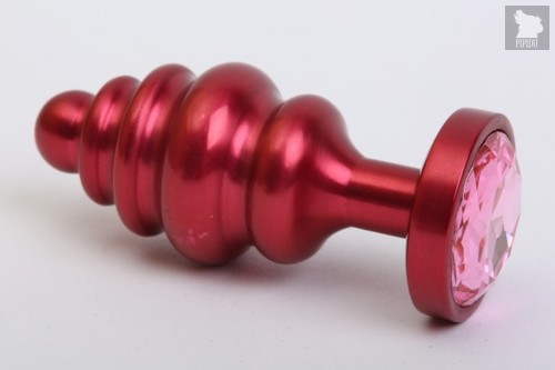 ребристая анальная пробка с розовым стразом - 7,3 см, цвет красный - 4sexdreaM