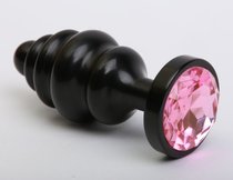 Чёрная ребристая анальная пробка с розовым кристаллом - 7,3 см