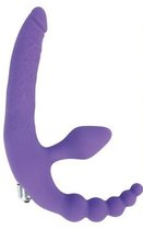 Фиолетовый безремневой страпон с анальным отростком и вибрацией - 15 см., цвет фиолетовый - Bior toys