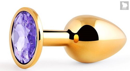 Золотистая анальная пробка с фиолетовым стразом - 7,2 см., цвет фиолетовый - anal jewelry plug