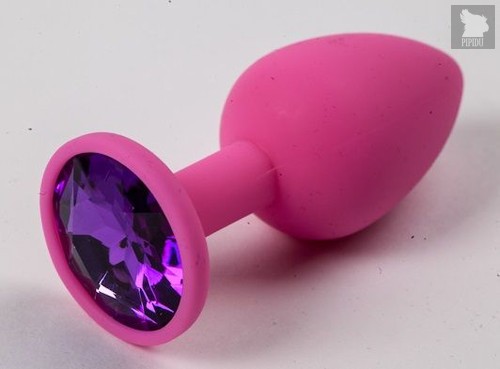 Розовая силиконовая анальная пробка с фиолетовым стразом - 7,1 см, цвет фиолетовый - 4sexdreaM