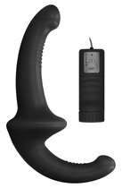 Черный безремневой вибрострапон с пультом управления Vibrating Silicone Strapless Strapon, цвет черный - Shots Media