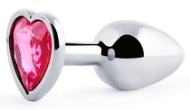 Серебристая анальная пробка с малиновым кристаллом-сердечком - 7 см., цвет малиновый - anal jewelry plug