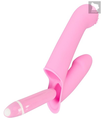 Нежно-розовая двойная вибронасадка на палец Vibrating Finger Extension - 17 см., цвет розовый - ORION