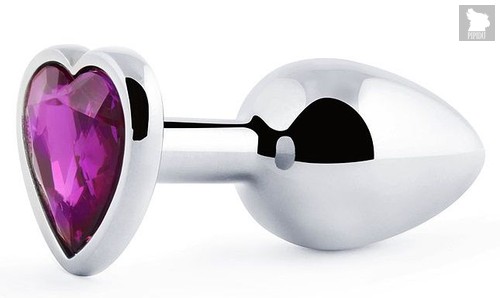 Серебристая анальная пробка с фиолетовым кристаллом-сердечком - 8 см., цвет фиолетовый - anal jewelry plug
