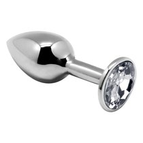 Серебристая анальная втулка с прозрачным кристаллом Mini Metal Butt Plug Size S - 7 см., цвет прозрачный - Adrien Lastic