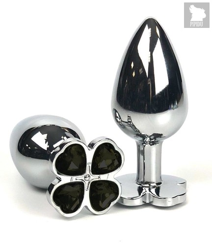 Серебристая анальная втулка с клевером из черных кристаллов - 9 см., цвет черный - Vandersex
